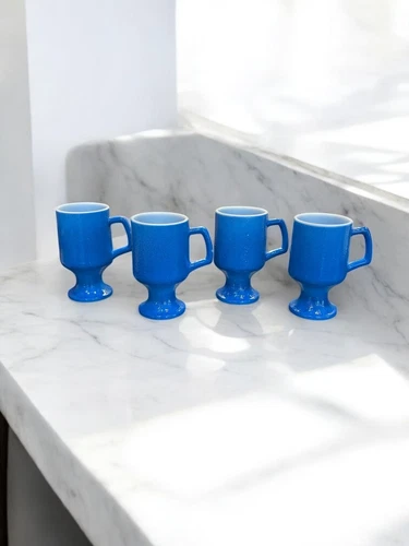 4 Vtg Anchor Hocking Fire King Footed Pedestal Blue Milk GlassCoffee Mugs
