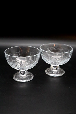 2 Pasabahce Pressed Crystal Glass Dessert Bowls Ice Cream Sherbet Embossed Fruit