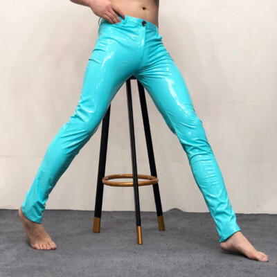 Mens Faux Leather Skinny Pants Metallic Shiny Wet Look Party