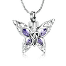 Butterfly Cremation Urn Necklace for Ashes Silver Memorial Keepsake W/CZ Pendant