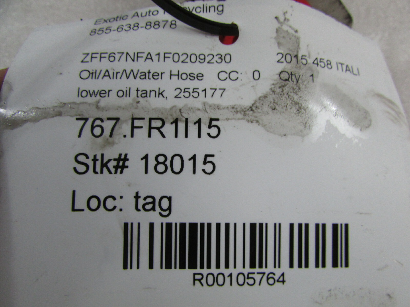 Ferrari 458 Italia, Lower Tank to Pump Line, Used, P/N 255177