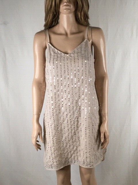 Women's NWT Aqua Beige Embellished V-Neck Party Mini Dress Size M