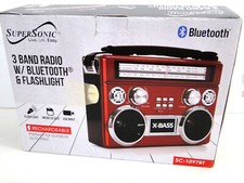 Supersonic SC-1097BT-Red 3-Band Radio with Bluetooth and Flashlight Red NEW