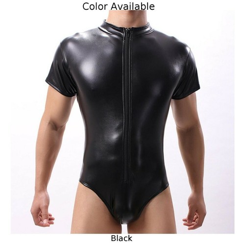 Uomo Ecopelle Sexy Tuta Discoteca Cocktail Zip Manica Corta Aderenti Body |  eBay