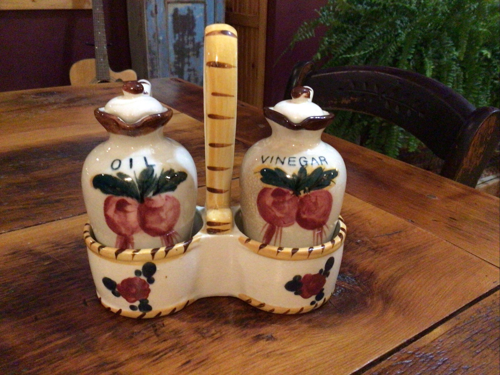 Vintage Hand Painted Nasco Japan Oil & Vinegar Cruet Set w/ Handled Caddy-Holder
