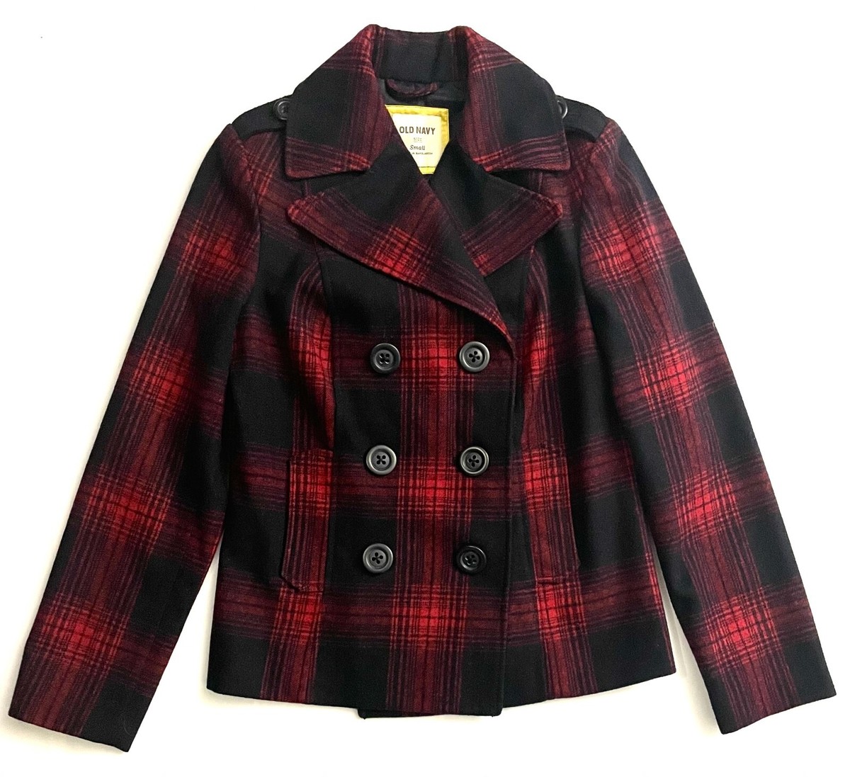 Old Navy Wool Blend Plaid Double Breasted Pea Coat Jacket Women's Size Small