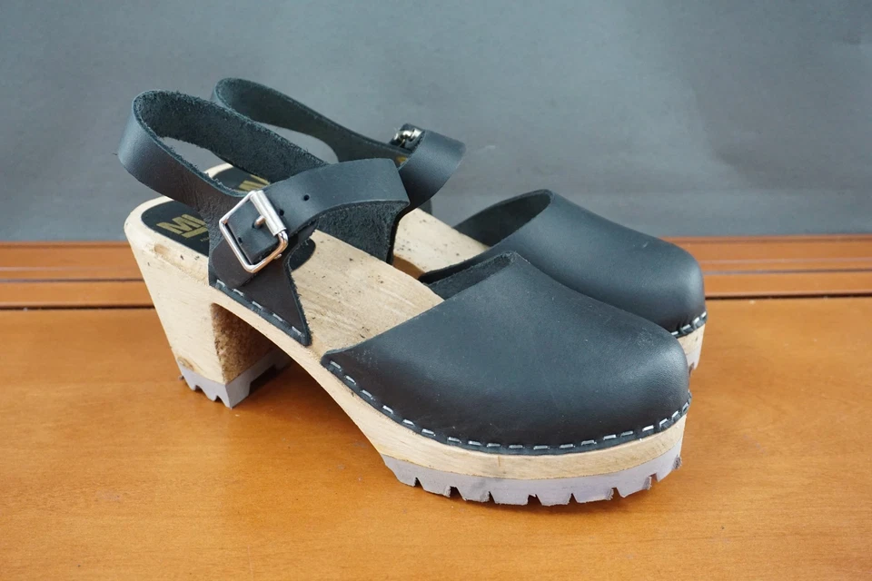 MIA Abba Mujer 39/9 EE. UU. Cuero Negro Cordones Sueco Zueco Tacón Sandalia Zapato Foto 3 de 4