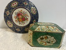 Vintage Floral Tins Lot Of 2 England Holland One Hinged Floral Bird Tree Patina