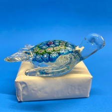 Art Glass Sea Turtle Hand Blown Blue Millefiori Sculpture Figurine Paperweight