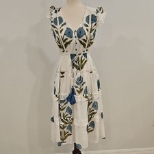 Kemble Embroidered Cotton Tiered Dress Tassel Tie Blue Floral Boho Midi S