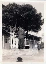 WW2 Photo of US Soldier Standing by Tree in Front of Building