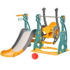 Image of HOMCOM 3-IN-1 Kids Swing and Slide Set with Basketball Hoop Slide Swing