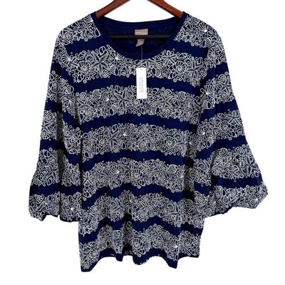 NEW NWT Chicos Sz XL 3 Nautical Beach Ocean Tropical Blouse Shirt Top Artsy