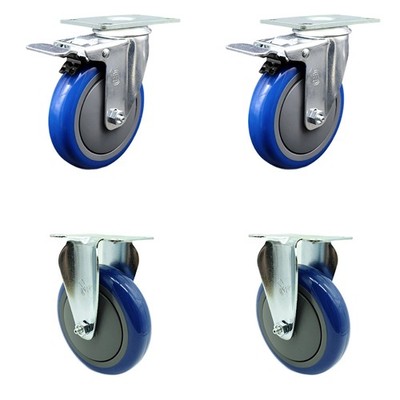 5 Inch Blue Polyurethane Swivel Top Plate Caster Set 2 Lock Brakes 2 Rigid SCC