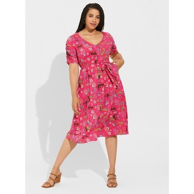Torrid 00 Midi Dress M Rayon VNeck Hot Pink Belted Animal Print Floral Party 10