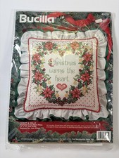 Vintage Bucilla Heart  Holly Stamped Cross-Stitch Pillow Kit 14x14 83132 NIP