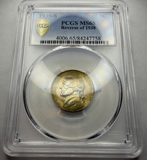 1939 S Jefferson Nickel PCGS MS65 Reverse of 1938 Toned Gem BU Coin