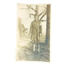Vintage Military Photograph Soldier Early 20th Century Outdoors Barn 3"x5.5"
