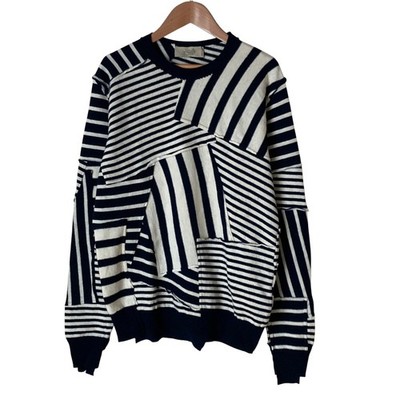 MAISON FLANEUR Patchwork Border Knit, Size 46, Navy and White Women USED