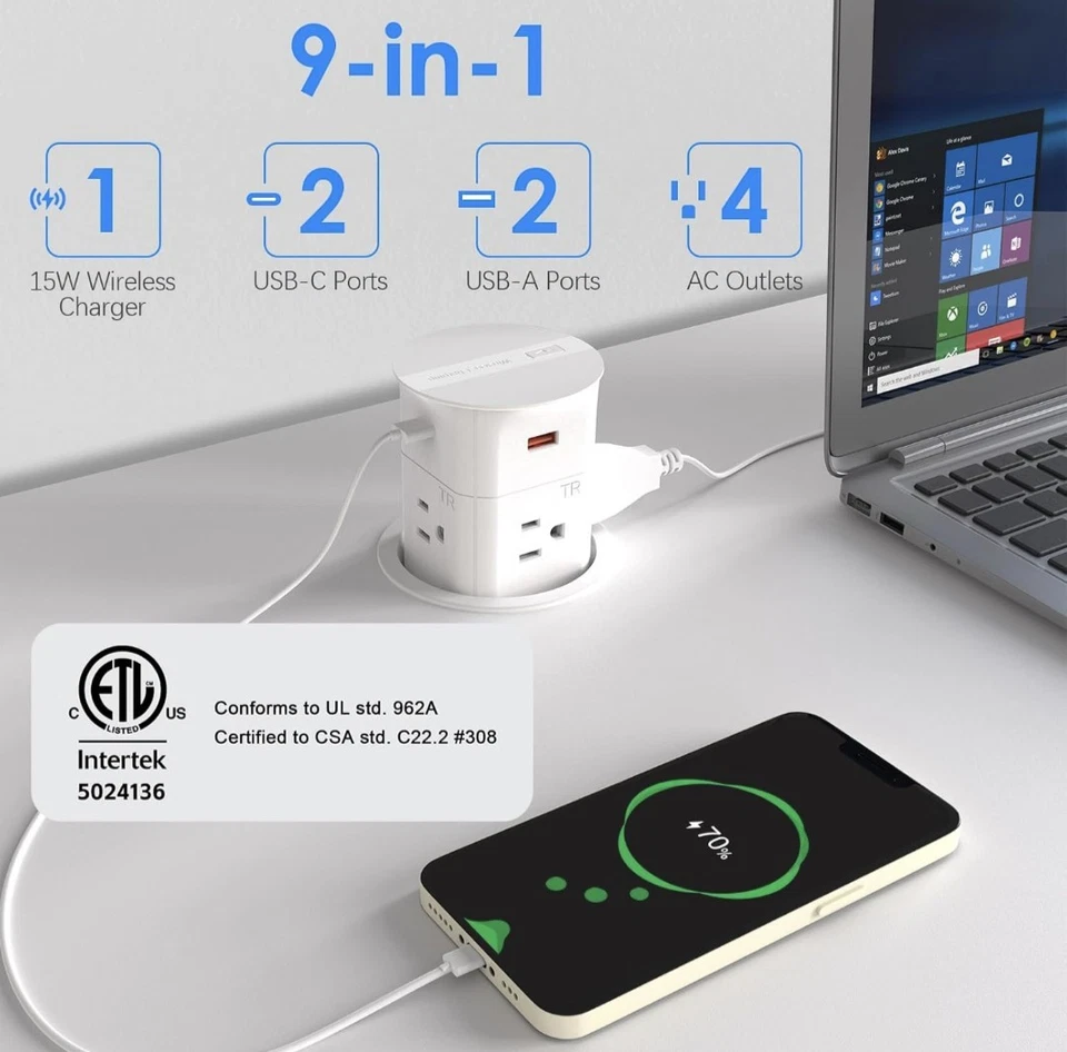 Enchufe de encimera emergente 3,15" con cargador inalámbrico de 15 W, potencia máxima de 20 W blanco Foto 4 de 4