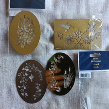 Birds, bulrush trailing foliage 4 brass embossing stencils U. I. T.