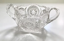 Vintage Clear Cut Etched Glass Crystal Open Sugar Bowl Sawtooth Double Handled