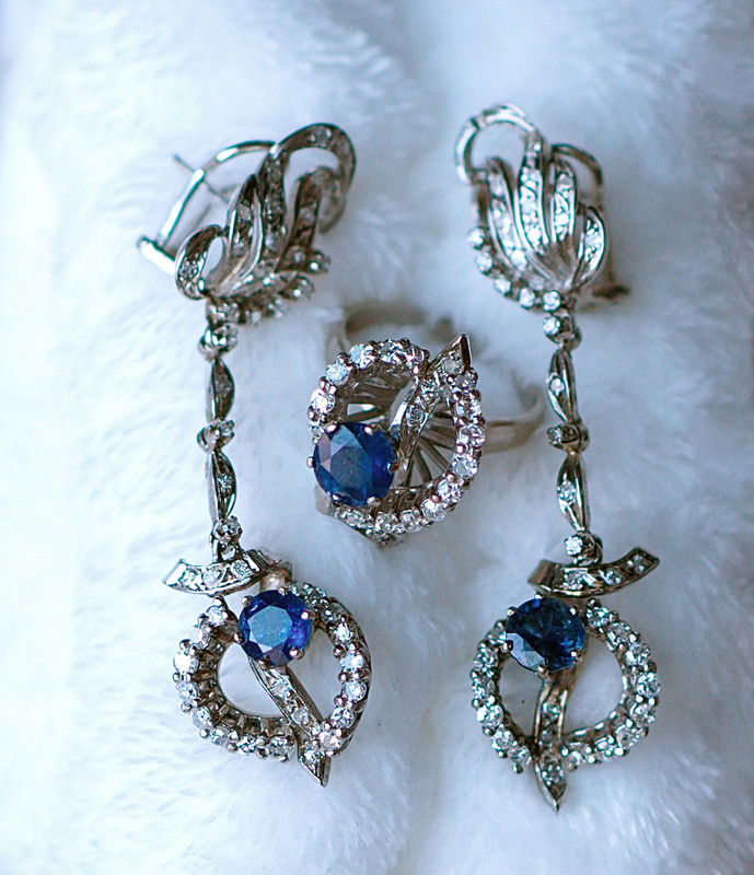 *GIA certificates* blue sapphire earrings and ring set w/ diamonds in palladium