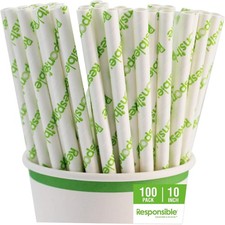 100 Compostable 10 Inch Paper Straw, Extra Strength Straws, Made from Natural