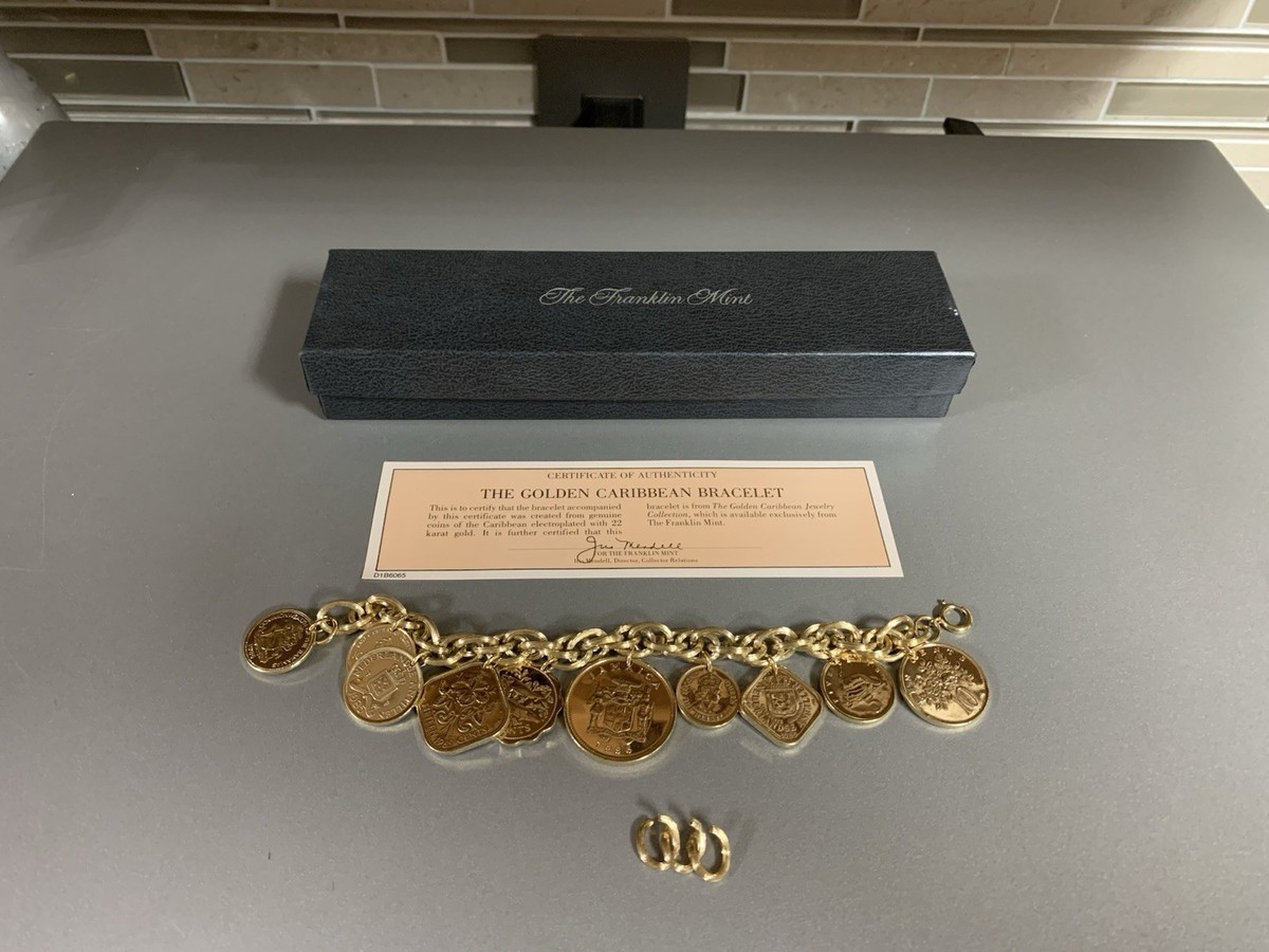 Franklin Mint Caribbean Gold Coin Charm Bracelet W/Box And