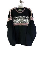 Vintage 90s Eddie Bauer Mens Large Cotton Fair Isle Knit Crewneck Sweater Black