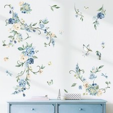 Flower Vines Wall Stickers Blue Rose Watercolor Floral Peel and Stick Wall Art