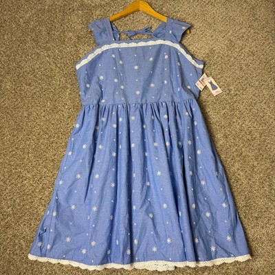 Blueberi Boulevard Blue Eyelet Lace Trim Ruffle Dress XXL Cottagecore New