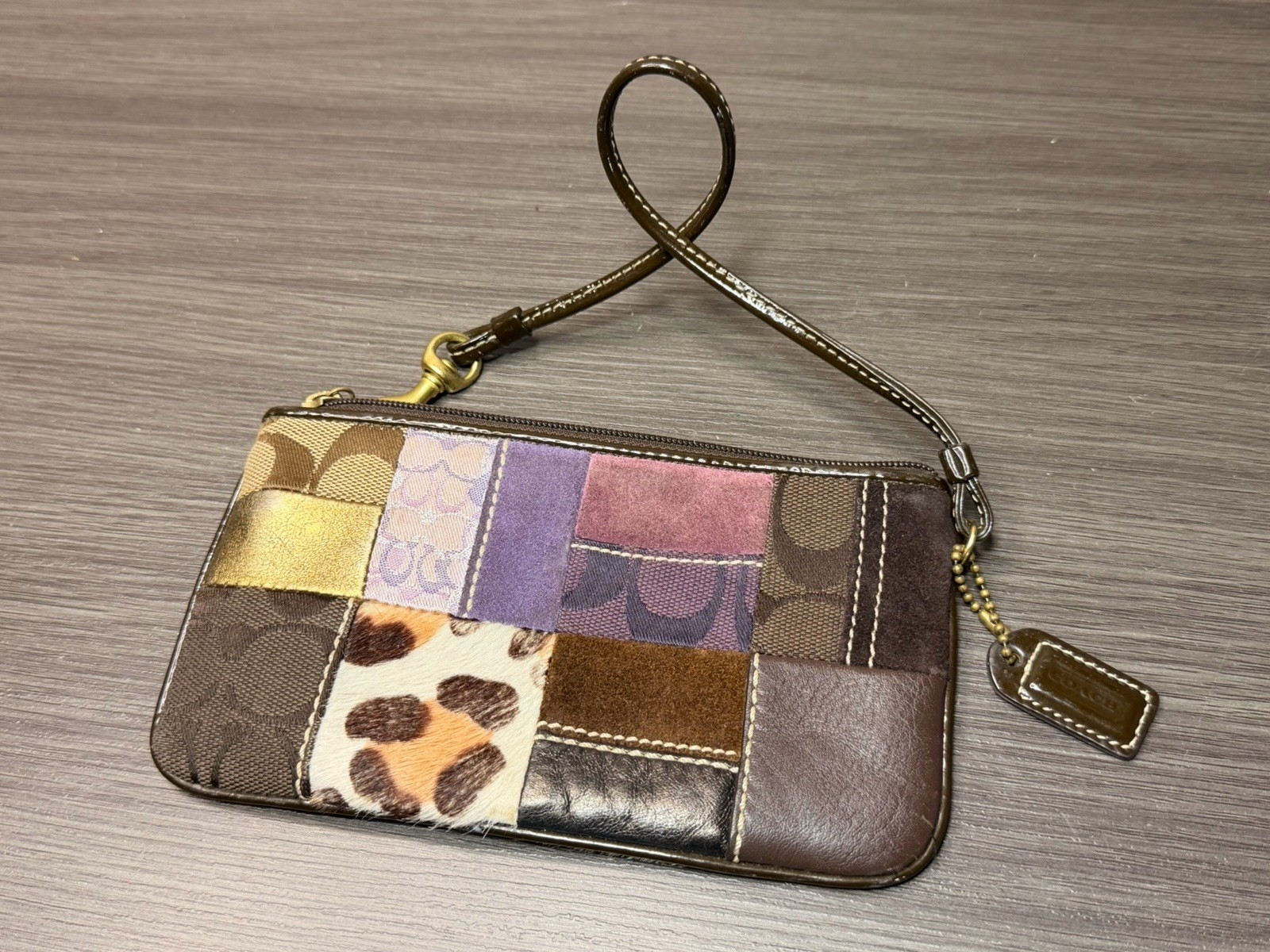 Coach Patchwork Wristlet Suede Brown Leather Clut… - image 1