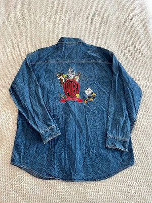 Vtg. NWOT Looney Tunes WB Men's Denim Embroidered That's All Folks Shirt Large