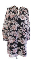 Ann Taylor Loft Black Floral Paisley Print Tie Neck Shift Dress Size PM MP