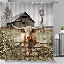 Highland Cow Shower Curtain Rustic Farmhouse Bull Windmill Decor with Hooks