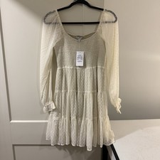 Patrons of Peace Cream Swiss Dot Sheer Boho Mini Dress Long Sleeve Tiered Sz S