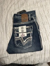 Answer Me Jeans Men 33x32 Blue Straight Fit Distressed Denim, Dark Wash