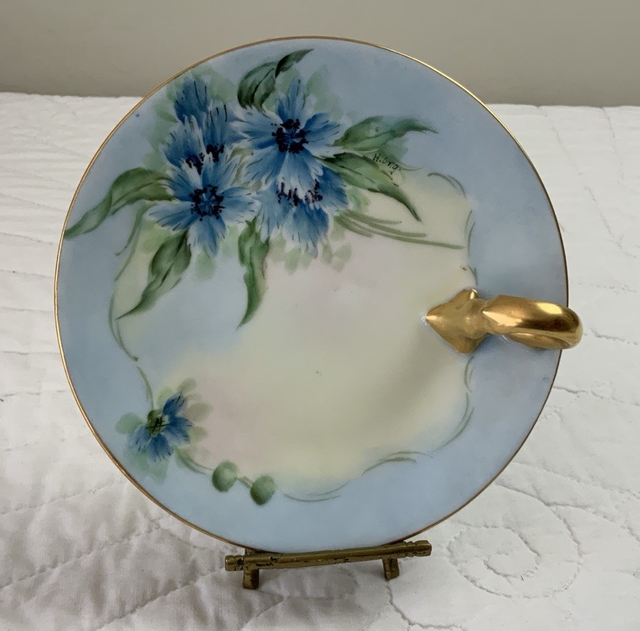 Vintage Porcelain Candy Dish With Handle, Hand Painted, Blue Flowers, Bavaria