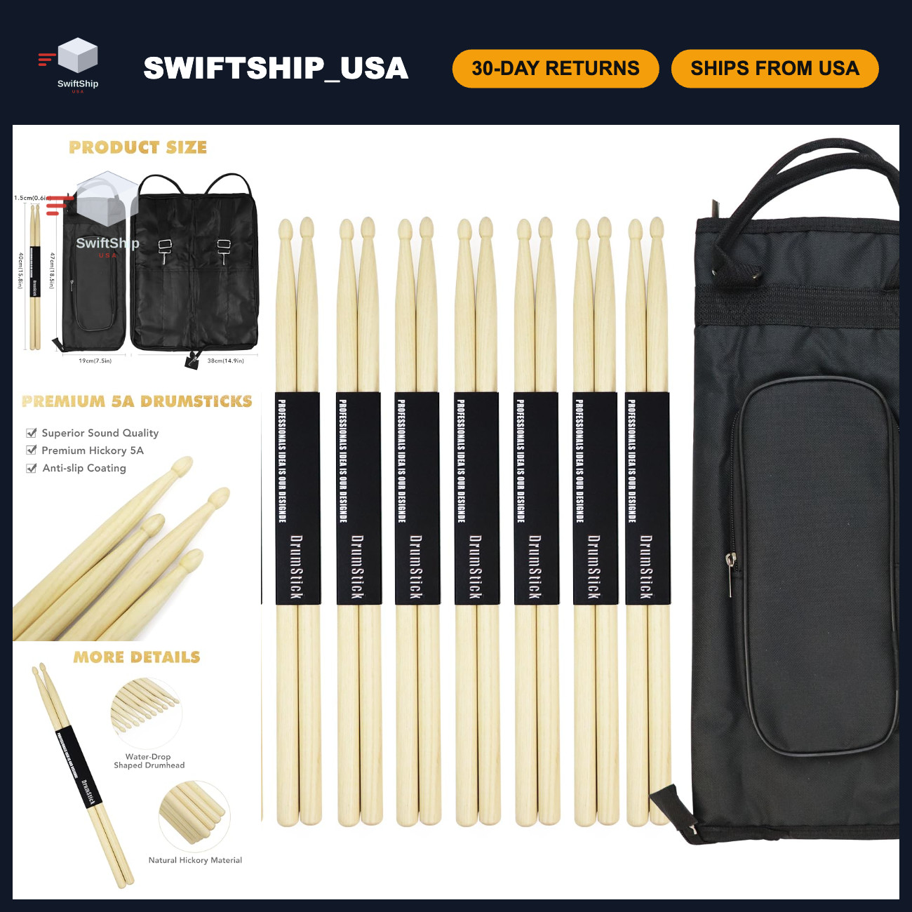 5A Hickory Wood Drumsticks with Bag - 8 Pairs, Perfect for Drummers & Musicians