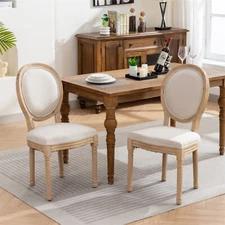 Set of 2 Wood Dining Chair Linen Upholstered Kitchen Dining Chair w/ Wood Legs