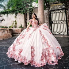 Elegant Pink Sweetheart Neck Quinceanrra Dresses Lace Appliques Sweet 16 Party