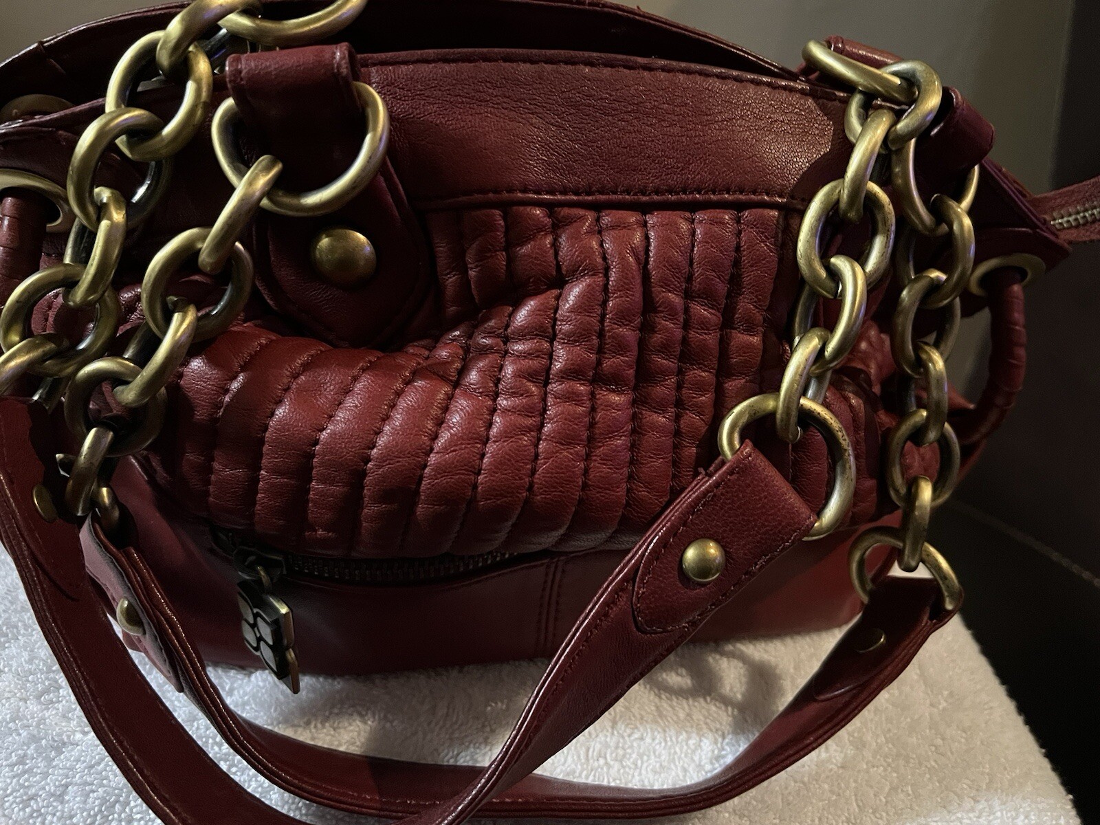BCBG Max Azaria Burgundy Gold Hoop Strap Bag 4.5x9x8 Inches