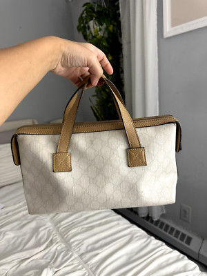GUCCI GG Plus Handbag Boston Bag 264210 White Beige Canvas Leather Ladies