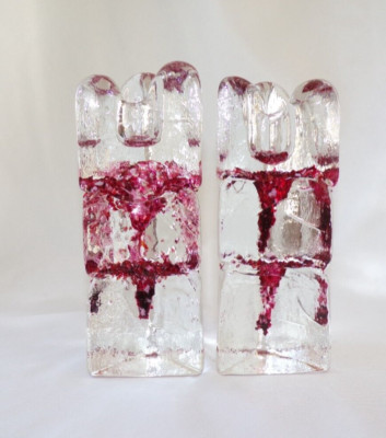 Unsigned Thorn Style Clear Cranberry Ice Art Glass Candlestick Holders 5'' Modern