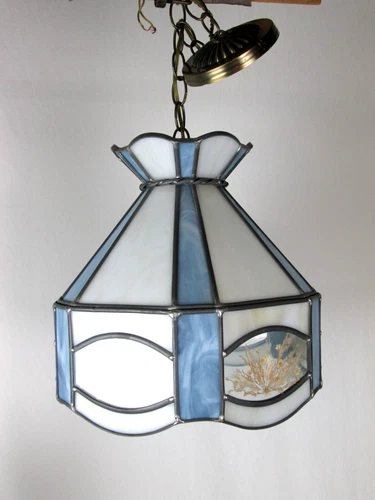 Vtg. Tiffany Style Hanging Lamp Leaded/ Slag Glass/Real Flowers BLUE/WHITE 13.5"