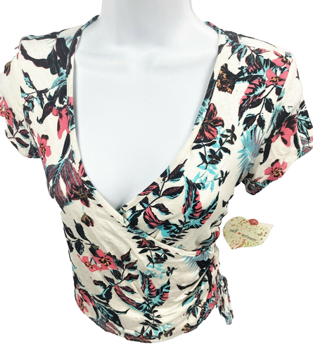 Junior Small Floral Crop Top Pullover Jersey Knit Shirt Deep V Neck Tie Side