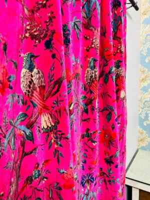 Vintage Cotton Velvet Hot Pink Bird Print Luxury Curtain, Boho Curtain Drapes