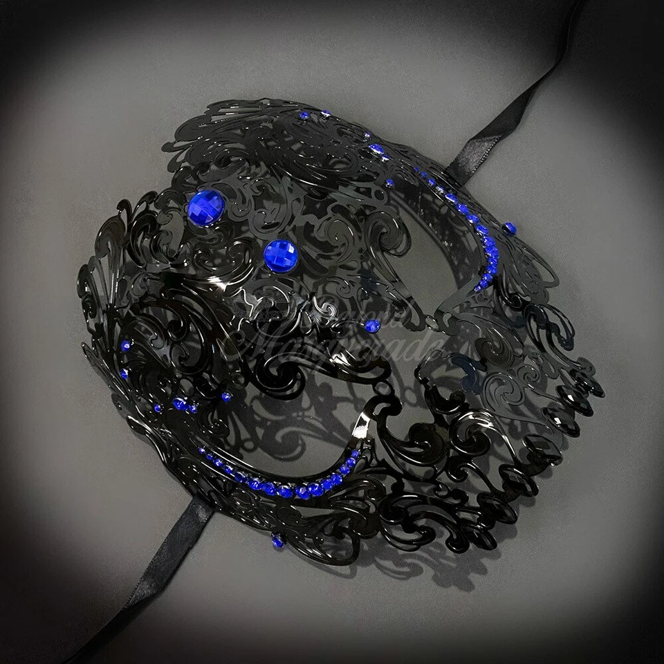 Candy Skull Collection | Metal Masquerade Mask Black with Blue Rhinestones Men - Image 3 of 4