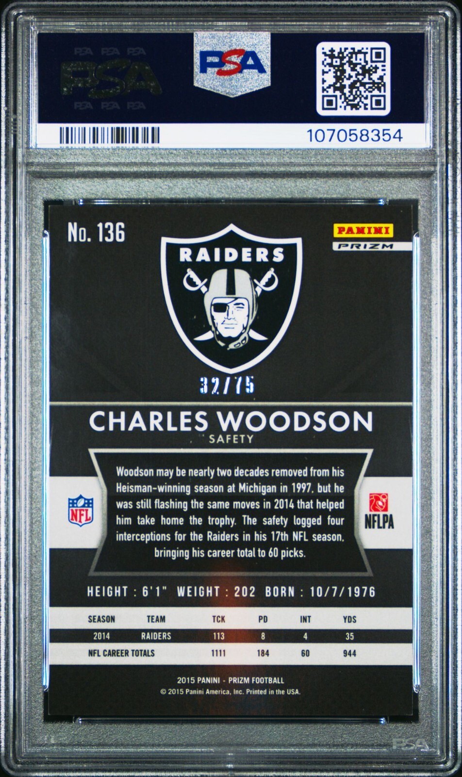 2015 Panini Prizm 136 Charles Woodson Green Crystals #/75 PSA 9 Oakland Raiders view 2